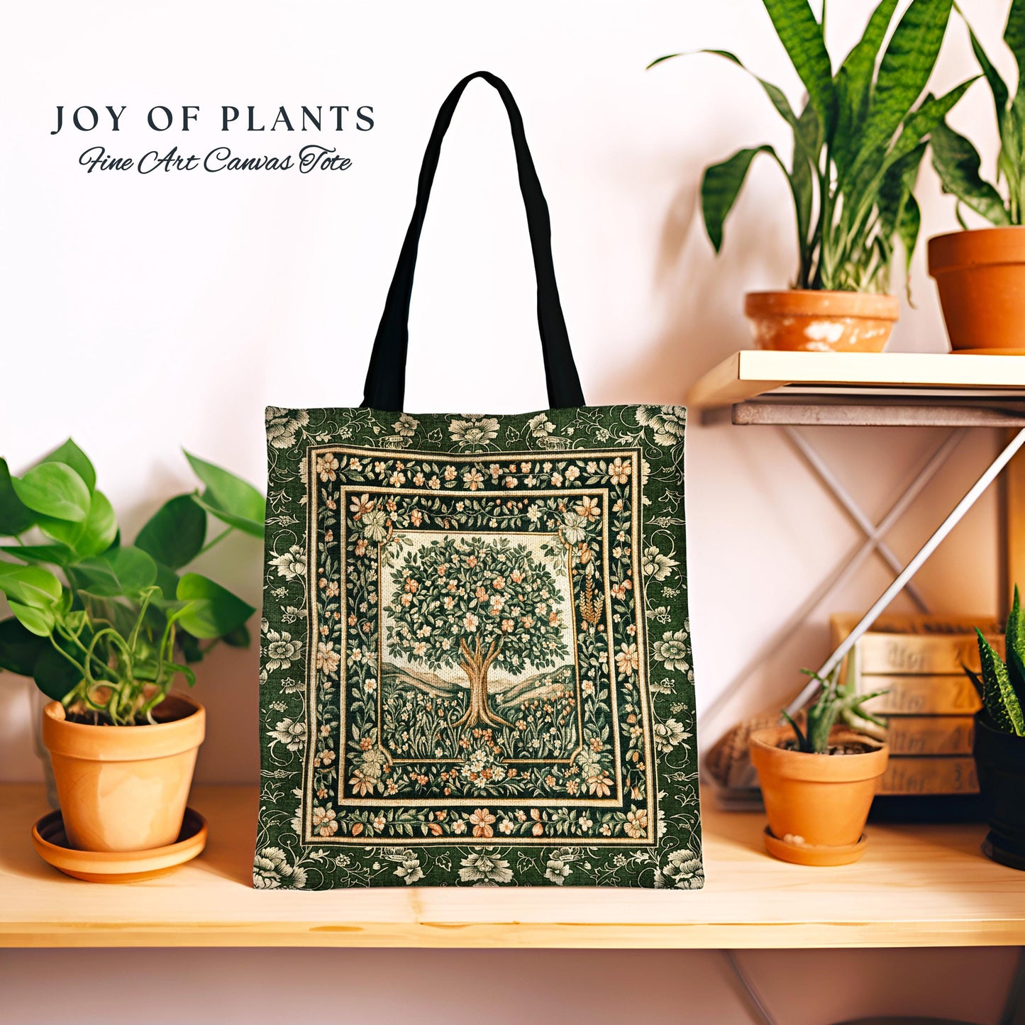 Enchanted Garden Folklore Tree Tote | Emerald Green Botanical Coquette Style Floral Forest Theme Woven Tapestry Bag Folklore Cottagecore |