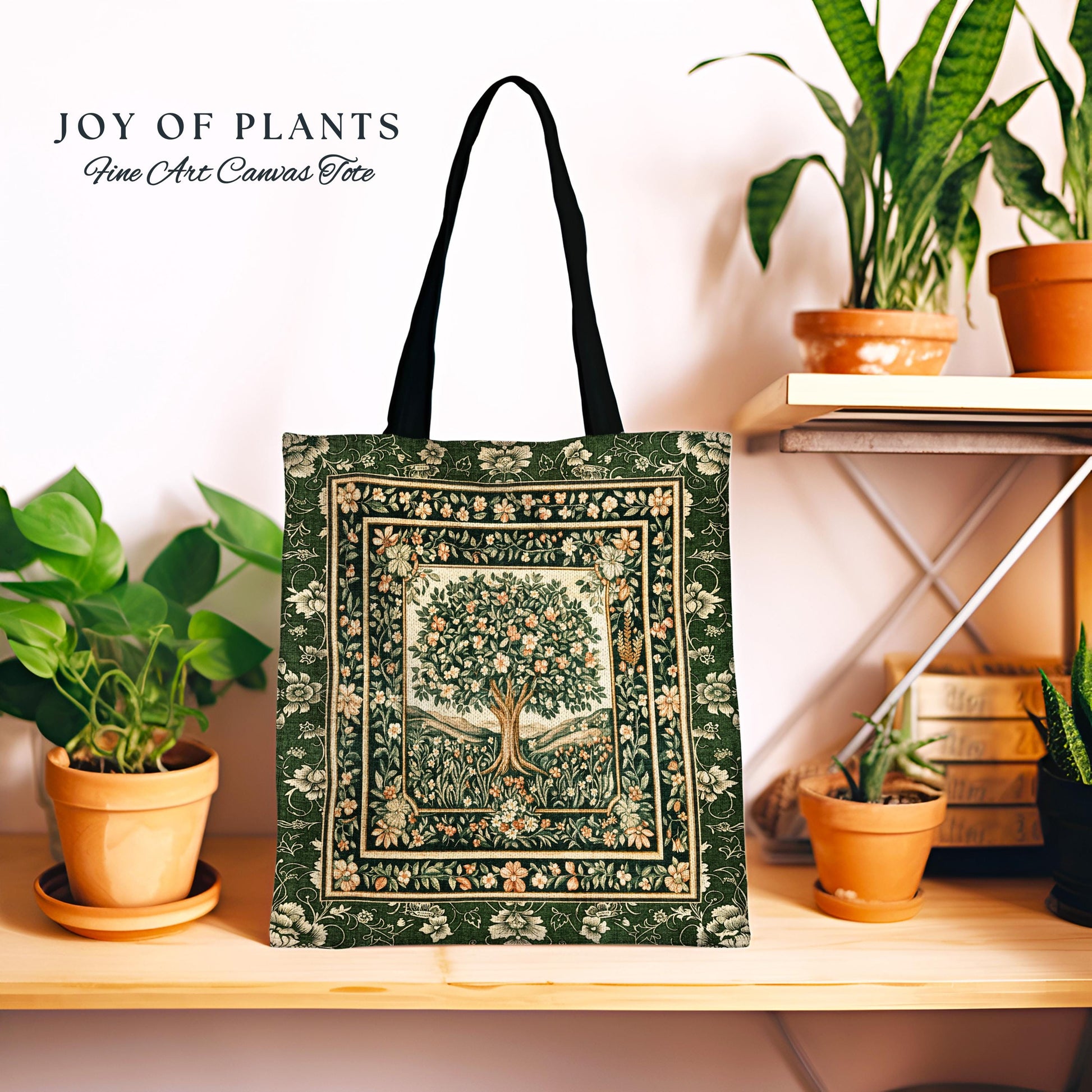 Enchanted Garden Folklore Tree Tote | Emerald Green Botanical Coquette Style Floral Forest Theme Woven Tapestry Bag Folklore Cottagecore |