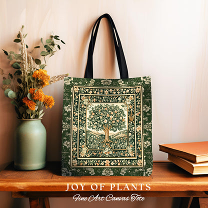 Enchanted Garden Folklore Tree Tote | Emerald Green Botanical Coquette Style Floral Forest Theme Woven Tapestry Bag Folklore Cottagecore |