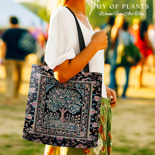 Eclectic Whimsy Tree of Life Tote Bag | Colorful Style Forest Fairy Cottagecore Garden Folklore Floral Enchanted Tapestry Bag Gothic Pastel