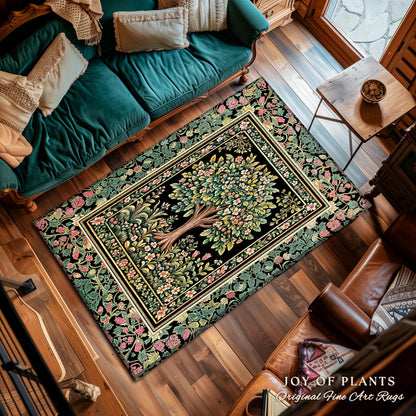 Fairy Garden Tree of Life Rug | Cottagecore Countryside Romantic Floral Landscape Whimsical Chateau Style Bohemian Botanical Home Accent |