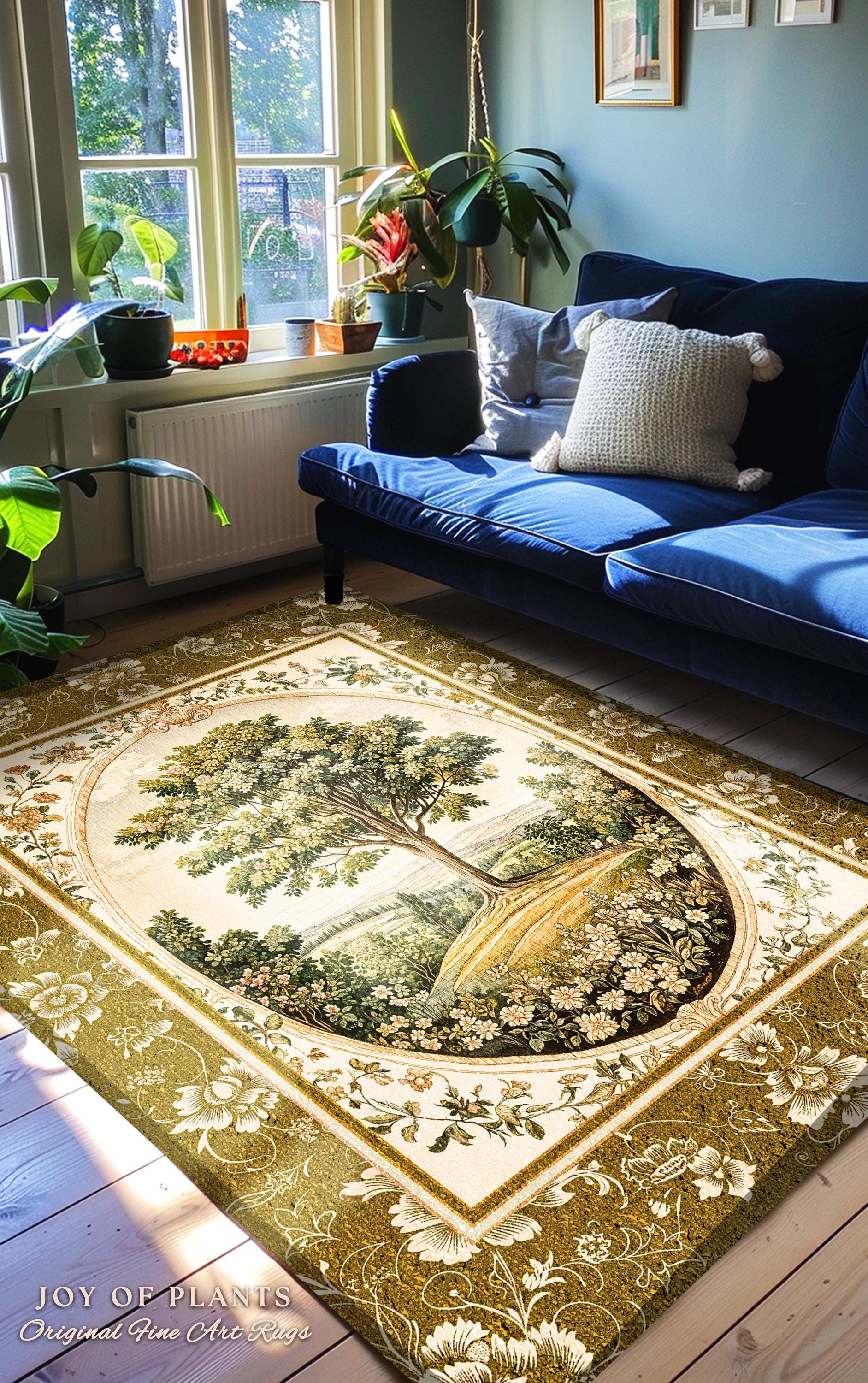 French Countryside Botanical Tree Rug | Victorian Garden Accent Romantic Country Decor Floral Pastoral Scene Antique Style Cottage Aesthetic