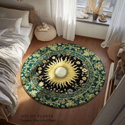 Boho Tarot Sun Round Accent Rug | Zodiac Inspired Mystical Area Rug Floral Whimsical Ethereal Moon and Stars Astrology Witchy Bedroom Decor