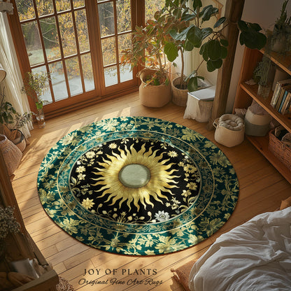 Boho Tarot Sun Round Accent Rug | Zodiac Inspired Mystical Area Rug Floral Whimsical Ethereal Moon and Stars Astrology Witchy Bedroom Decor