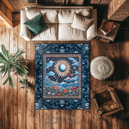 Retro Astrology Round Area Rug | Whimsigothic Bedroom Maximalist Hippie Aesthetic Floral Home Accent Rug Psychedelic Cottagecore Ethereal |