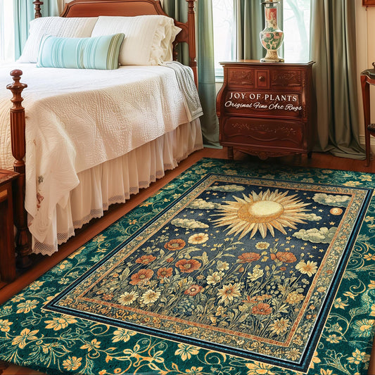 Maximalist Sun Goddess Accent Rug | Nature Botanical Area Rug Floral Light Academia Spiritual Aesthetic Zodiac Theme Celestial Bedroom Decor