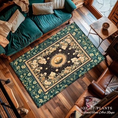 Sun and Moon Bohemian Accent Rug | Moody Skies Astrology Vintage Celestial Cozy Area Rug Astrology Tapestry Dark Cottagecore Boho Style |
