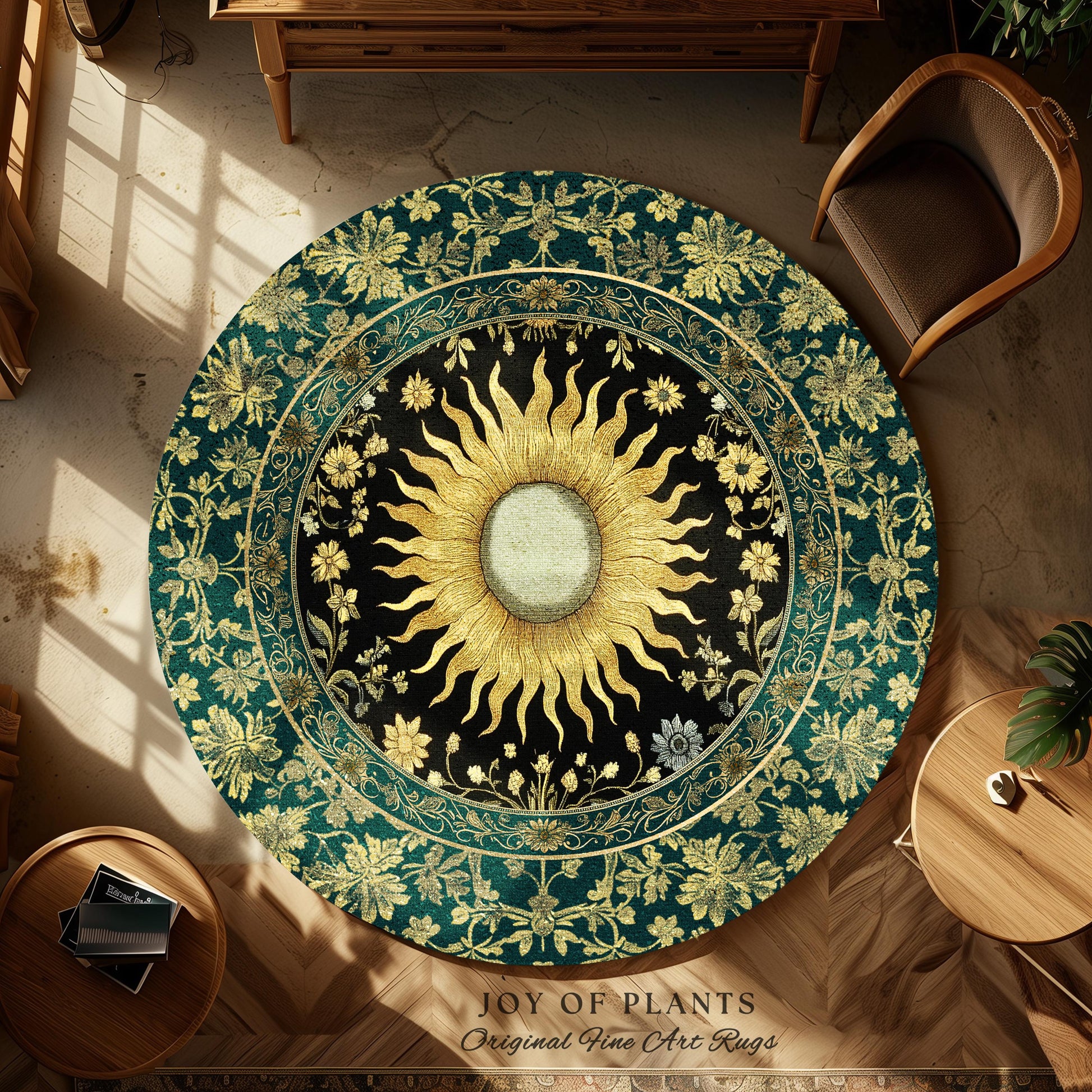 Boho Tarot Sun Round Accent Rug | Zodiac Inspired Mystical Area Rug Floral Whimsical Ethereal Moon and Stars Astrology Witchy Bedroom Decor