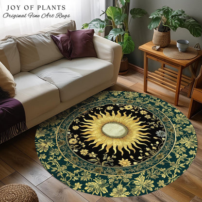 Boho Tarot Sun Round Accent Rug | Zodiac Inspired Mystical Area Rug Floral Whimsical Ethereal Moon and Stars Astrology Witchy Bedroom Decor