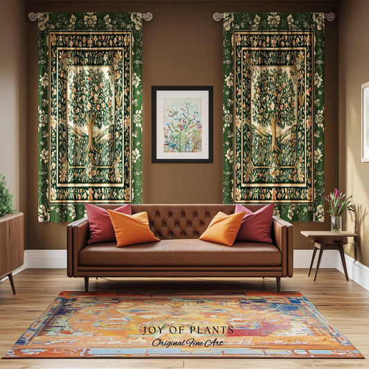 Enchanted Garden Folklore Tree Curtains | Emerald Green Botanical Coquette Floral Accent Forest Theme Drapes Folklore Design Cottagecore |