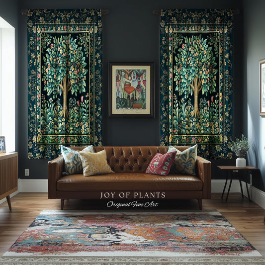Folklore Forest Storybook Curtains | Enchanted Floral Botanical Cozy Tree Vintage Boho Cottagecore Romantic Nature Aesthetic Classic Drapes