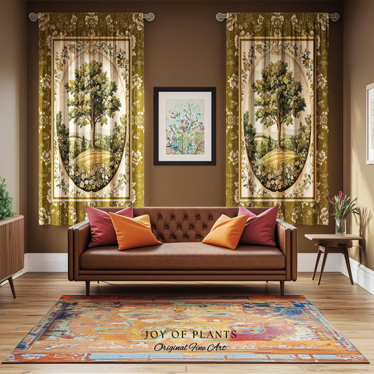 French Countryside Botanical Tree Curtains | Victorian Garden Accent Romantic Country Decor Floral Pastoral Scene Antique Cottagecore Drapes