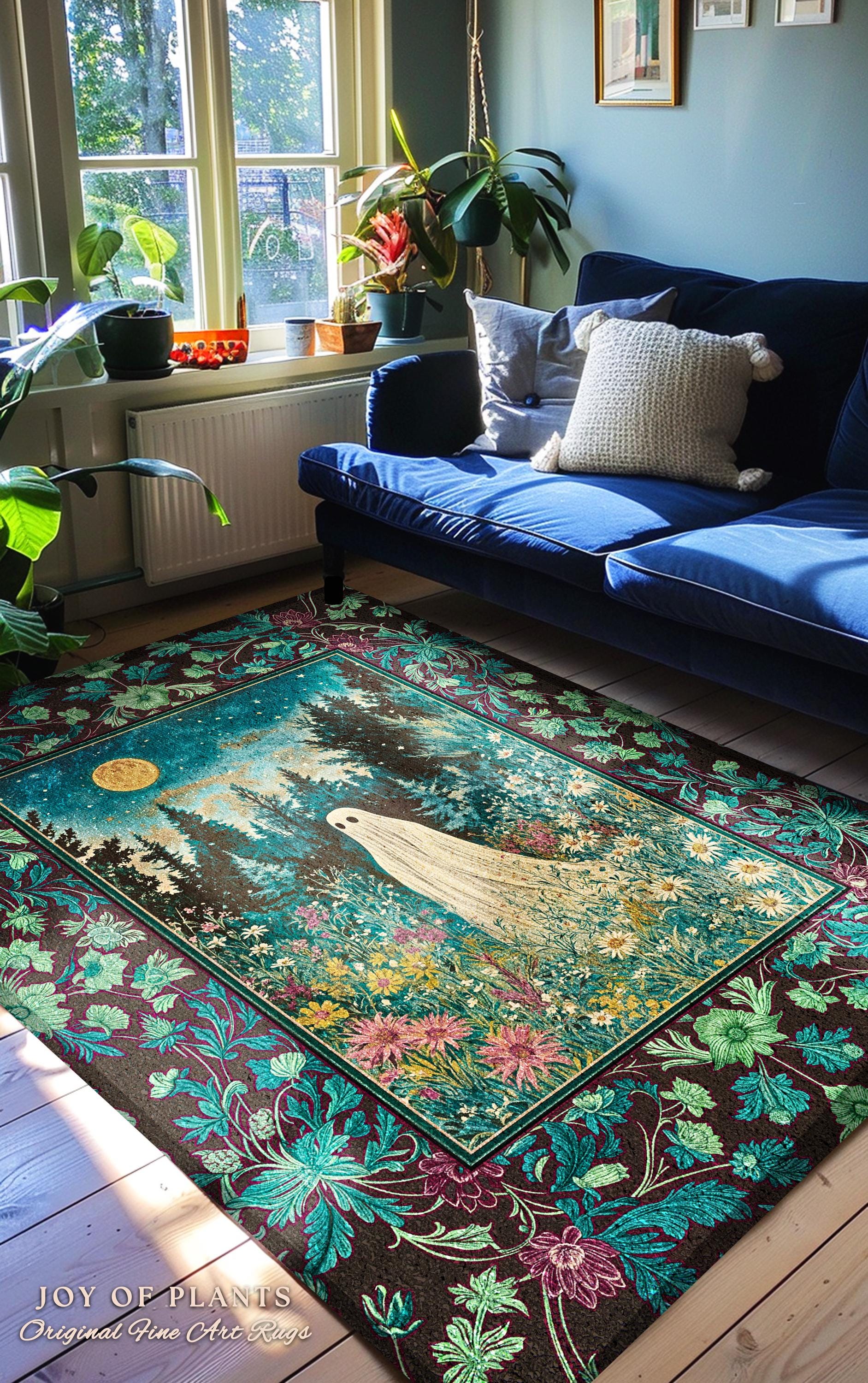 Ghostly Enchantment Wildflower Ghost Rug | Harvest Moon Celestial Magic Gothic Accent Whimsical Cozy Home Decor Botanical Witchy Moonight |