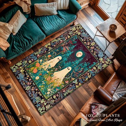 Eclectic Moonlit Wildflower Spirit Rug | Starry Sky Home Accent Ghost Halloween Decor Autumn Whimsical Floral Gothic Garden Throw Celestial