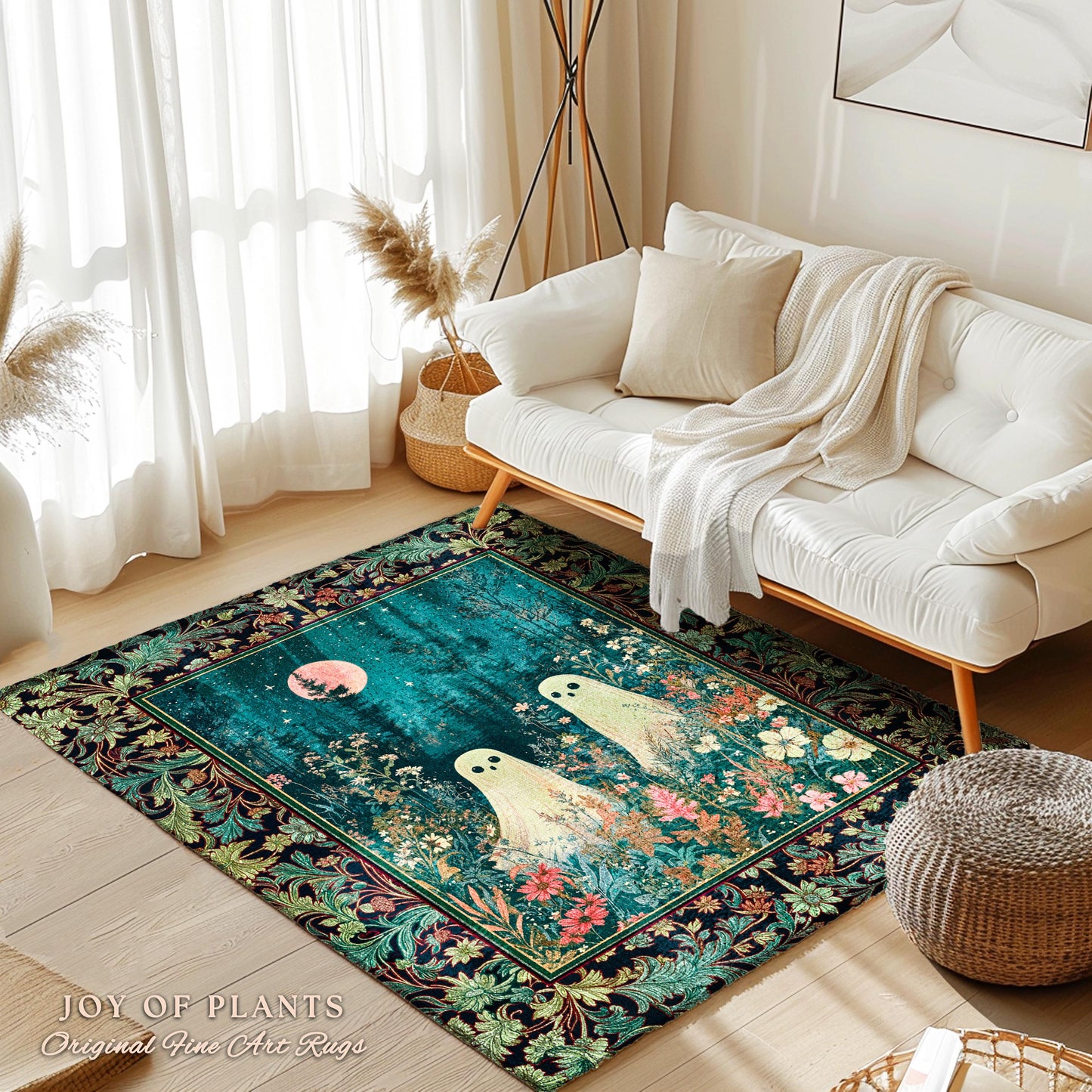 Ghost Friends Wildflower Moon Area Rug | Cute Whimsigothic Decoration Spooky Vibes Haunted Forest Cottagecore Decor Artistic Botanical Cozy