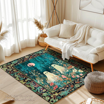 Ghost Friends Wildflower Moon Area Rug | Cute Whimsigothic Decoration Spooky Vibes Haunted Forest Cottagecore Decor Artistic Botanical Cozy