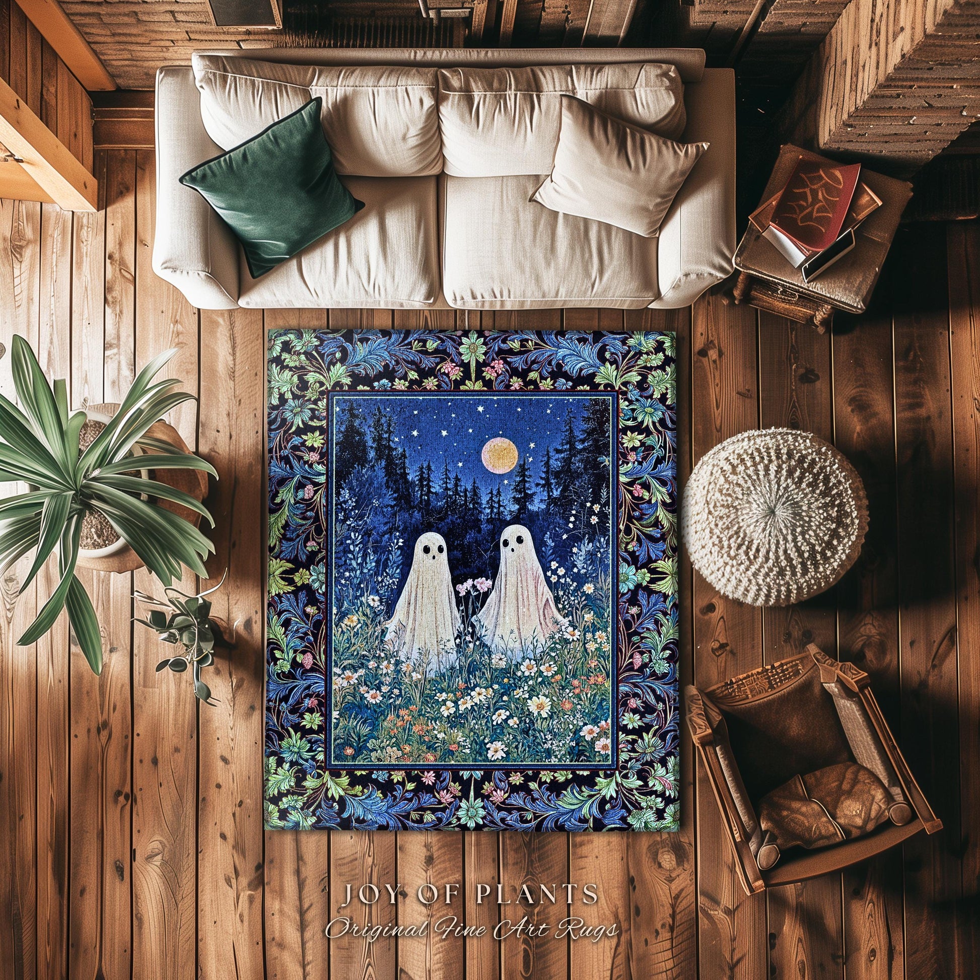 Mystic Meadow Full Moon Spirit Rug | Indigo Starry Sky Ghost Halloween Home Decor Accent Autumn Whimsical Garden Cottagecore Style Nursery