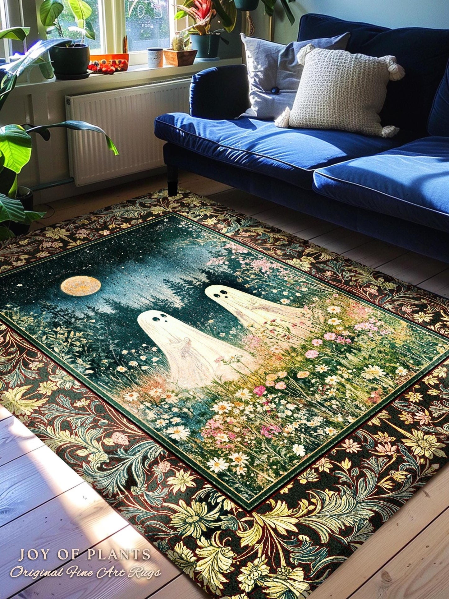 Autumn Spirits Lunar Meadow Ghost Rug | Dark Spirit Accent Spooky Season Cottagecore Decor Gothic Enchantment Floral Blanket Woodland Fairy