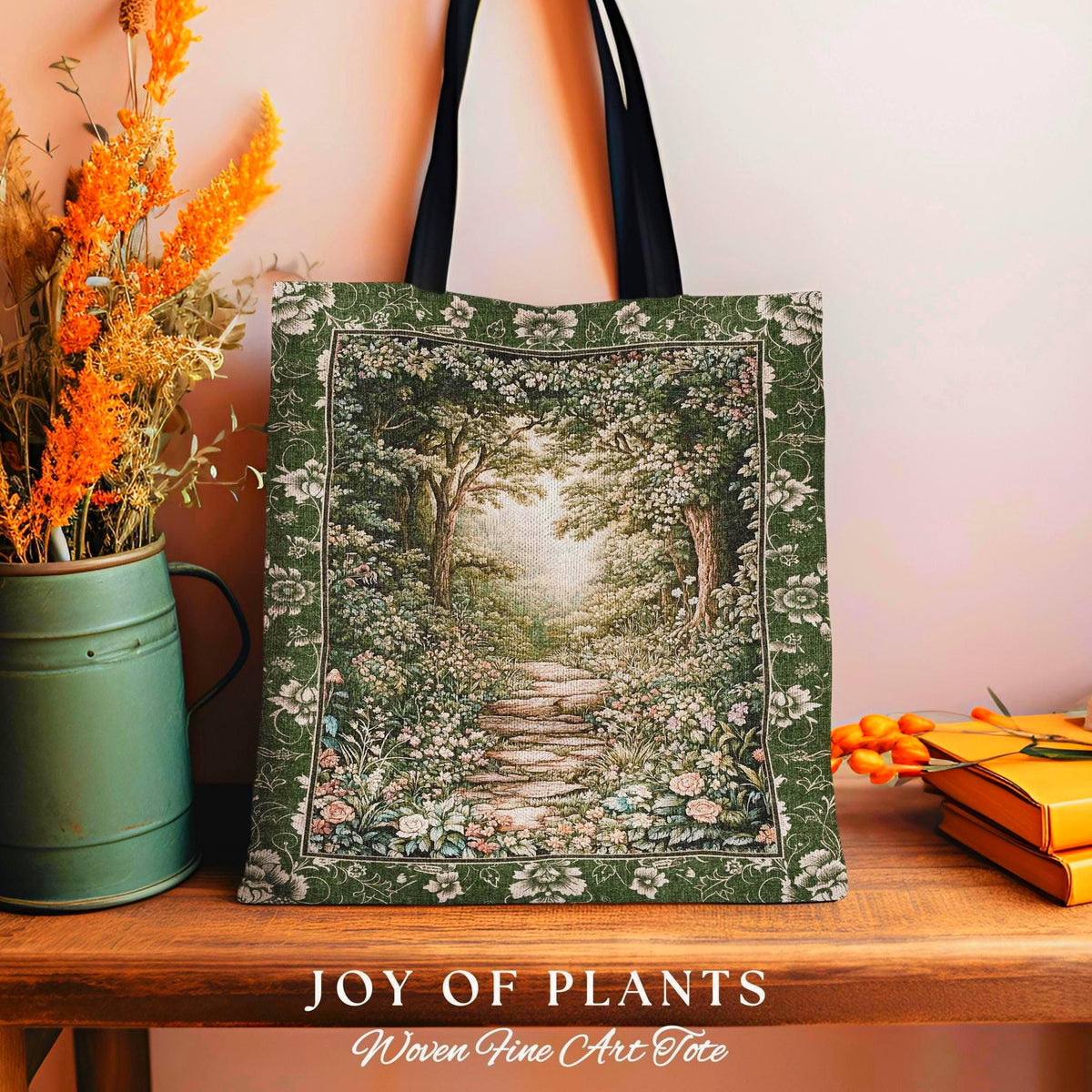 Mystic Garden Fairytale Landscape Tapestry Tote | Fairycore Woodland Nature Lover Book Nook Bag Cozy Earthy Aesthetic Whimsical Botanical |