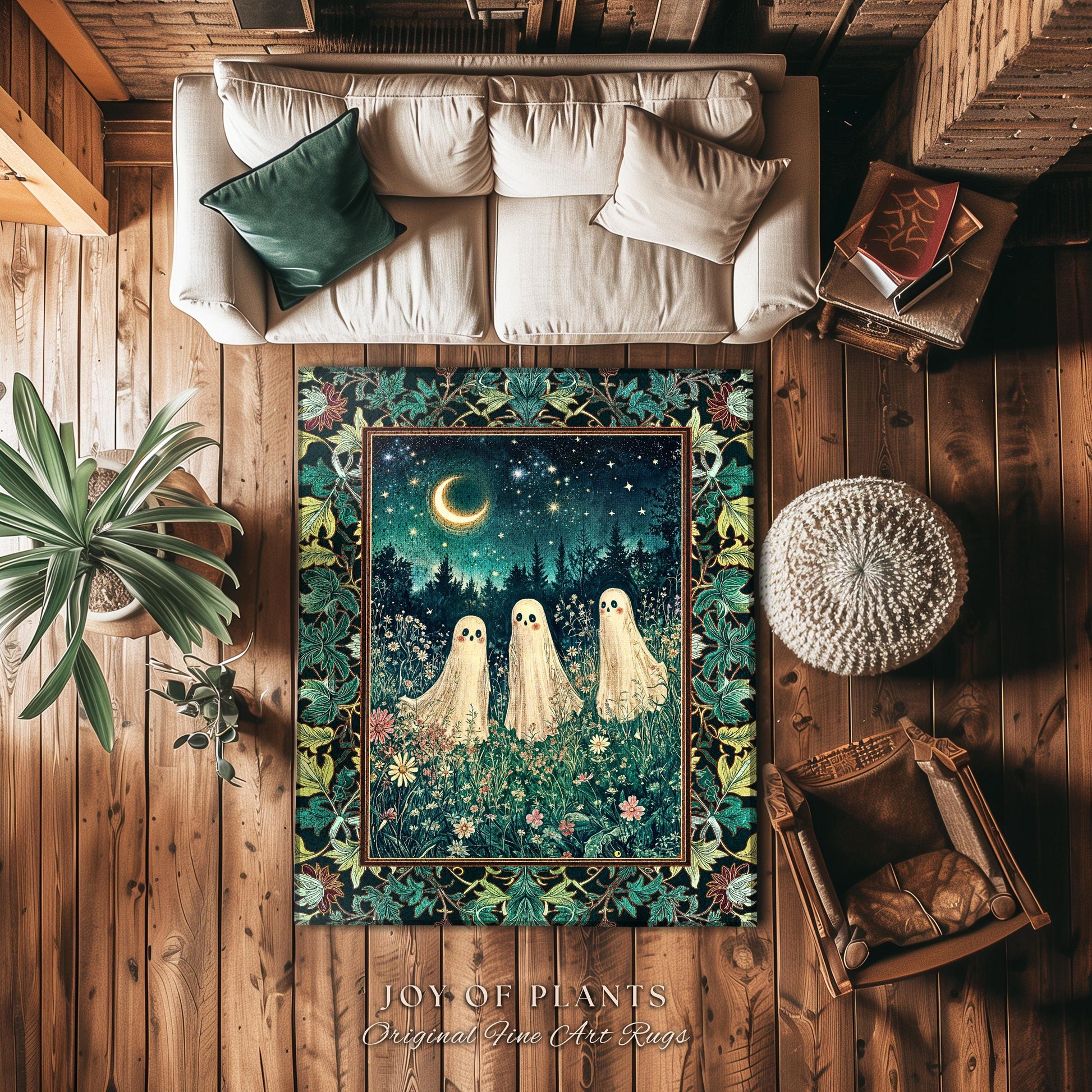 Whimsical Ghosts Wildflower Forest Rug | Dark Academia Whimsigothic Accent Rug Cozy Aesthetic Cottage Pastel Celestial Moonlit Floral Spirit