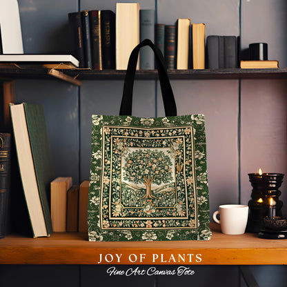 Enchanted Garden Folklore Tree Tote | Emerald Green Botanical Coquette Style Floral Forest Theme Woven Tapestry Bag Folklore Cottagecore |