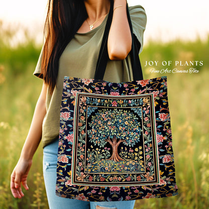 Eclectic Whimsy Tree of Life Tote Bag | Colorful Style Forest Fairy Cottagecore Garden Folklore Floral Enchanted Tapestry Bag Gothic Pastel