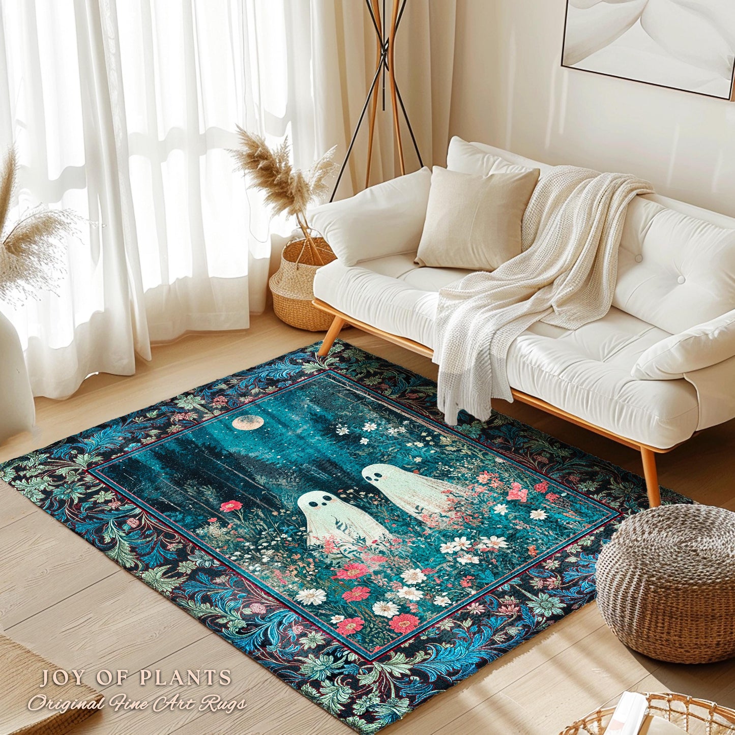 Moody Midnight Blue Ghosts Area Rug | Woven Cottagecore Halloween Floral Ghost Witchy Accent Cozy Fall Gothic Home Decor Moonlit Forest Art