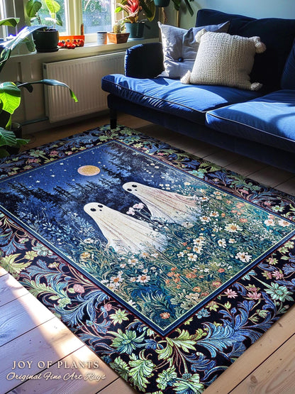 Mystic Meadow Full Moon Spirit Rug | Indigo Starry Sky Ghost Halloween Home Decor Accent Autumn Whimsical Garden Cottagecore Style Nursery