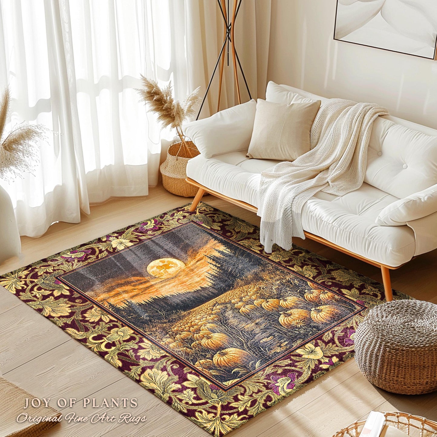 Autumn Night Sky Rustic Fall Rug | Cozy Spooky Pumpkin Vibes Midnight Landscape Decor Whimsigoth Aesthetics Dark Academia Accent Rug Witchy