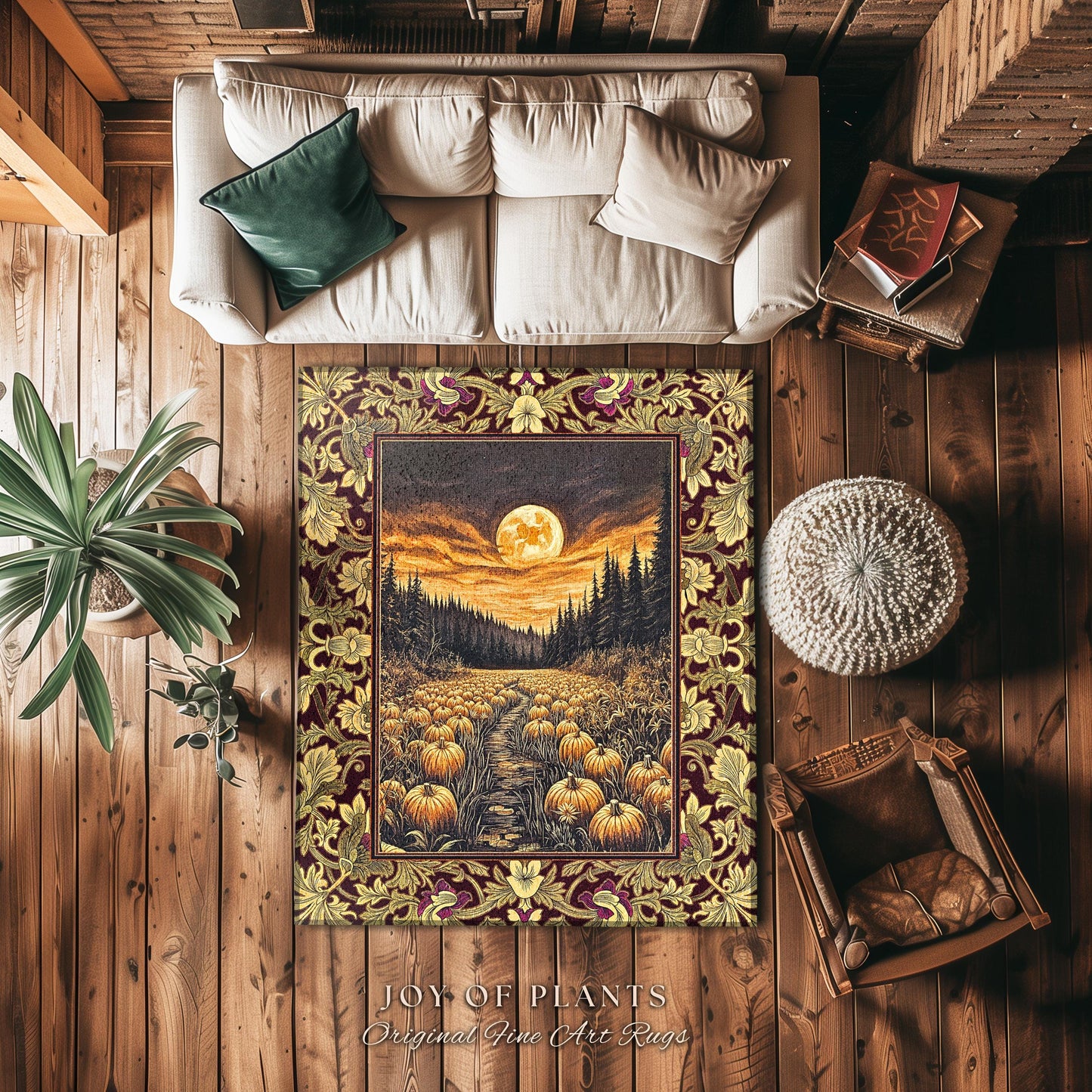 Autumn Night Sky Rustic Fall Rug | Cozy Spooky Pumpkin Vibes Midnight Landscape Decor Whimsigoth Aesthetics Dark Academia Accent Rug Witchy