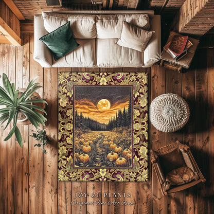 Autumn Night Sky Rustic Fall Rug | Cozy Spooky Pumpkin Vibes Midnight Landscape Decor Whimsigoth Aesthetics Dark Academia Accent Rug Witchy