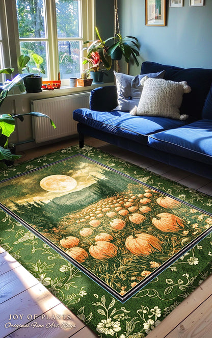 Sage Green Full Moon Area Rug | Rustic Pumpkin Home Decor Whimsigothic Aesthetic Rustic Fall Accent Halloween Trees Light Academia Bedroom