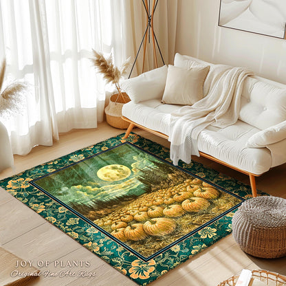 Rustic Full Moon Fall Accent Rug | Whimsigoth Forest Autumn Vibes Cozy Pumpkin Decor Gothic Academia Aesthetic Halloween Bedroom Area Rug |