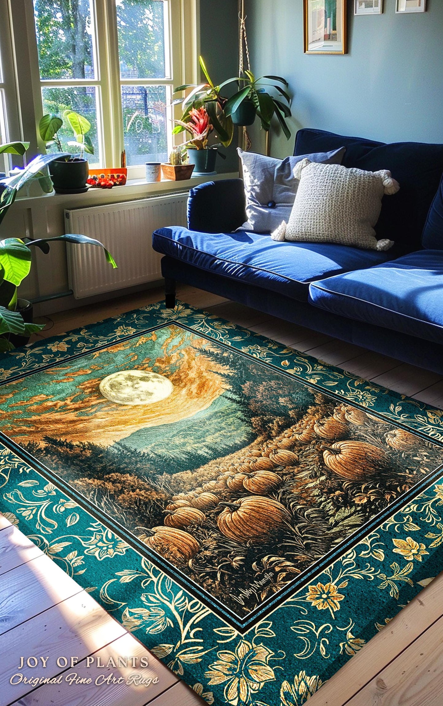 Moody Gothic Halloween Area Rug | Whimsical Fall Pumpkin Decor Full Moon Dark Academia Spooky Throw Rustic Aesthetic Autumn Bedroom Accent