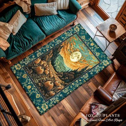 Moody Gothic Halloween Area Rug | Whimsical Fall Pumpkin Decor Full Moon Dark Academia Spooky Throw Rustic Aesthetic Autumn Bedroom Accent