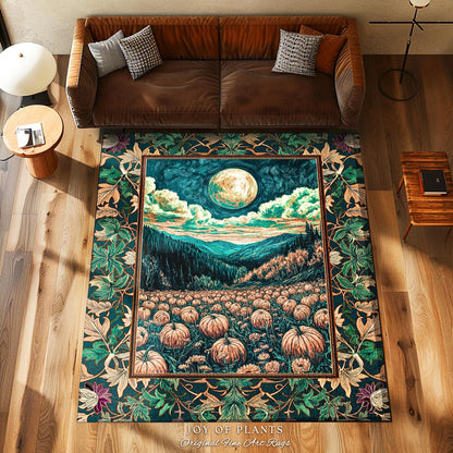Elegant Harvest Moon Cozy Area Rug | Spooky Season Aesthetic Gothic Decor Whimsigoth Pumpkin Rustic Autumn Home Accent Witchy Landscape |