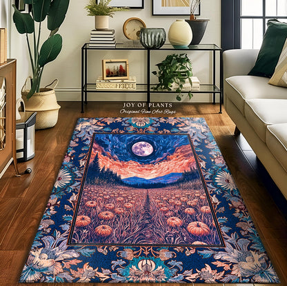 Witchy Night Sky Full Moon Rug | Pastel Fall Decoration Cozy Autumn Accent Rug Pumpkin Patch Whimsigoth Aesthetic Spooky Dark Academia Dorm