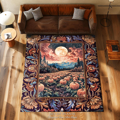 Lunar Night Sky Fall Pumpkin Rug | Autumn Aesthetic Rustic Bedroom Accent Rug Dark Academia Decor Cute Spooky Halloween Vibes Eclectic Style