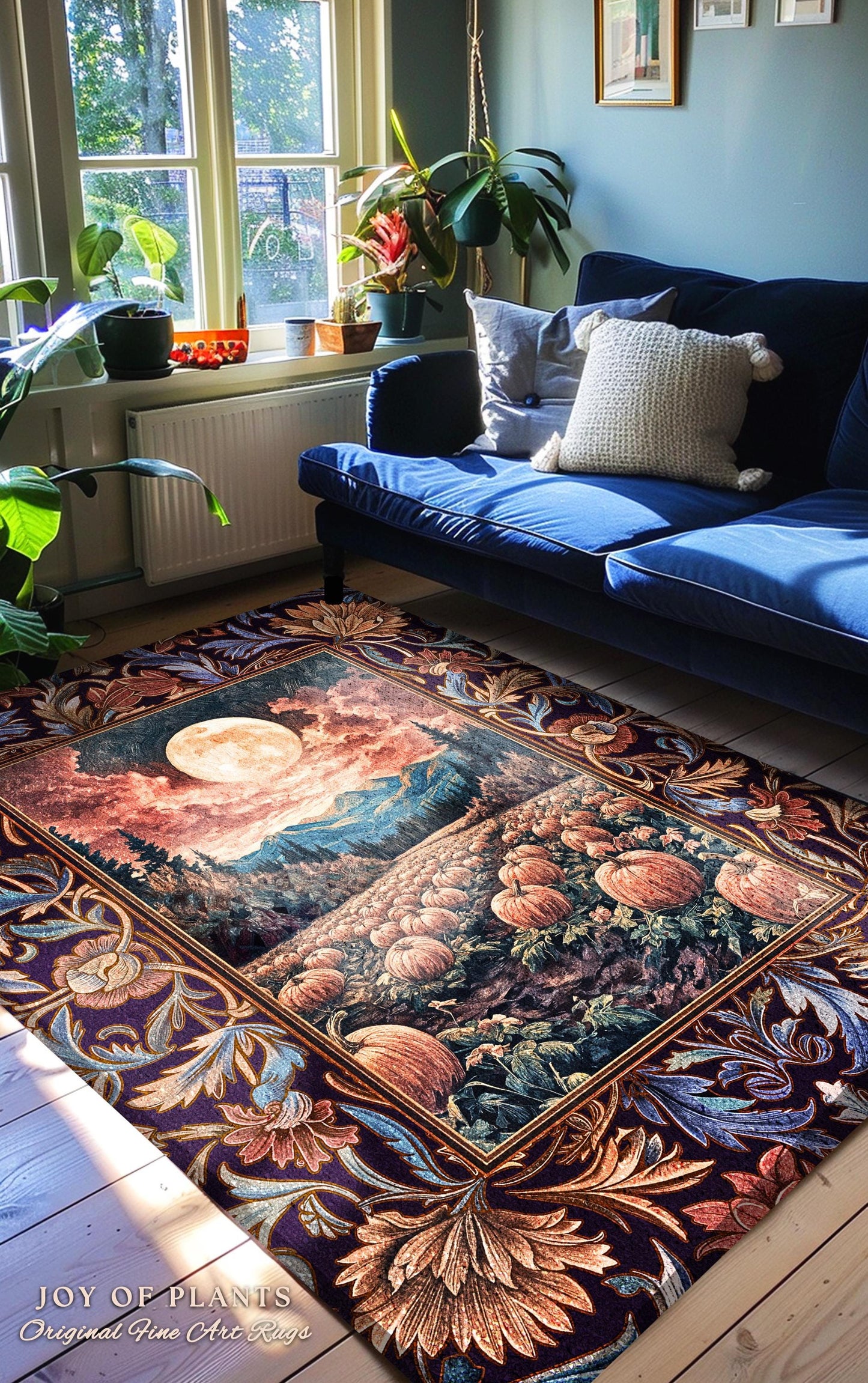 Lunar Night Sky Fall Pumpkin Rug | Autumn Aesthetic Rustic Bedroom Accent Rug Dark Academia Decor Cute Spooky Halloween Vibes Eclectic Style