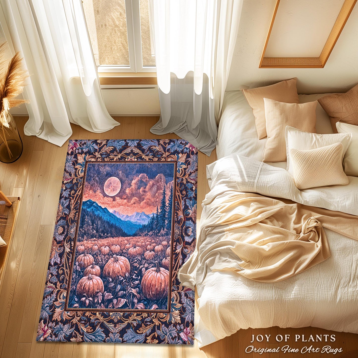 Pastel Dusk Moon Accent Rug | Autumn Aesthetic Gothiccore Bedroom Area Rug Whimsigoth Pumpkin Patch Decor Fall Accent Rustic Halloween Style