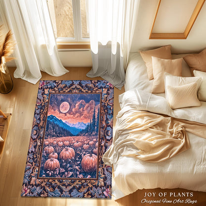 Pastel Dusk Moon Accent Rug | Autumn Aesthetic Gothiccore Bedroom Area Rug Whimsigoth Pumpkin Patch Decor Fall Accent Rustic Halloween Style