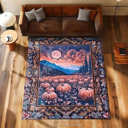 Pastel Dusk Moon Accent Rug | Autumn Aesthetic Gothiccore Bedroom Area Rug Whimsigoth Pumpkin Patch Decor Fall Accent Rustic Halloween Style
