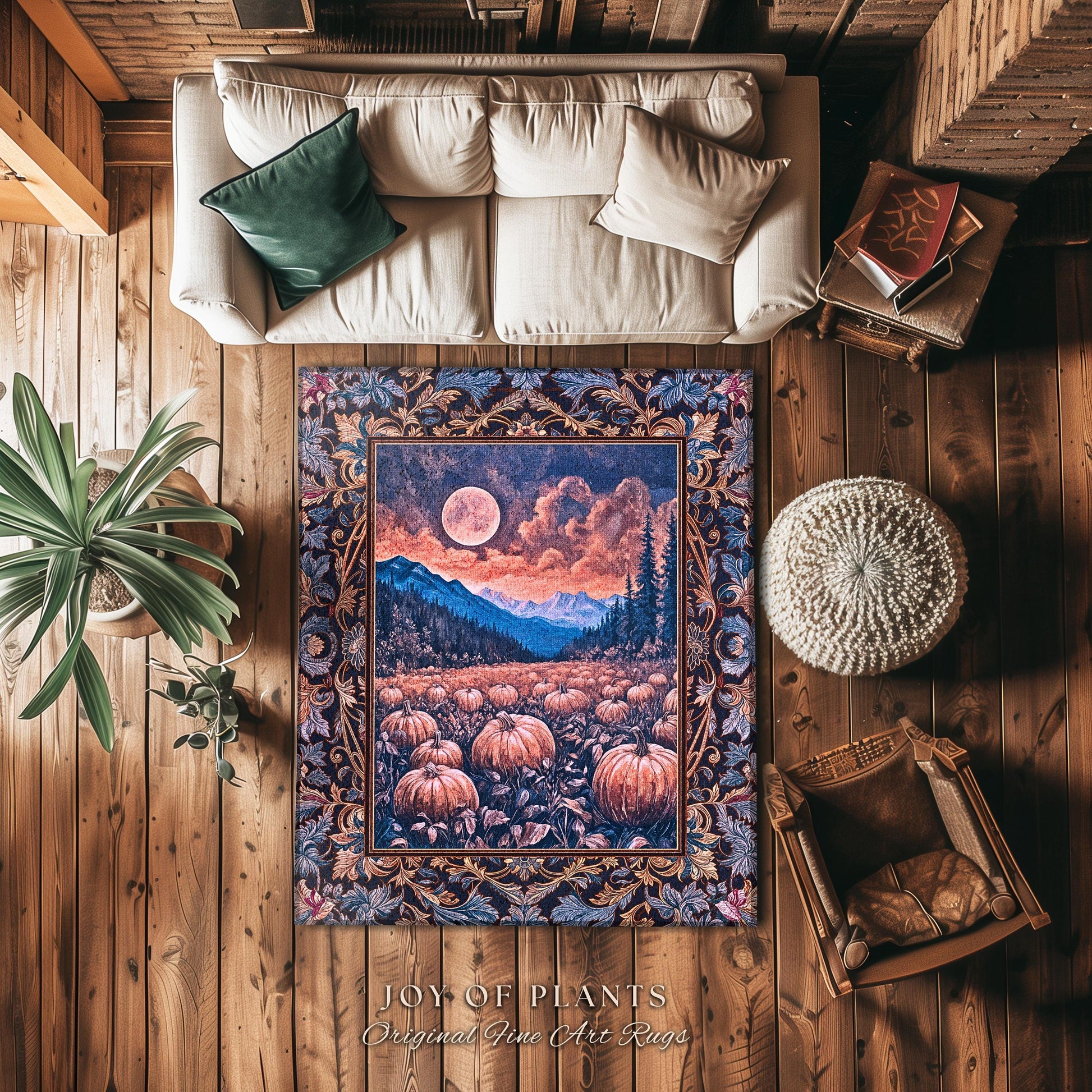 Pastel Dusk Moon Accent Rug | Autumn Aesthetic Gothiccore Bedroom Area Rug Whimsigoth Pumpkin Patch Decor Fall Accent Rustic Halloween Style