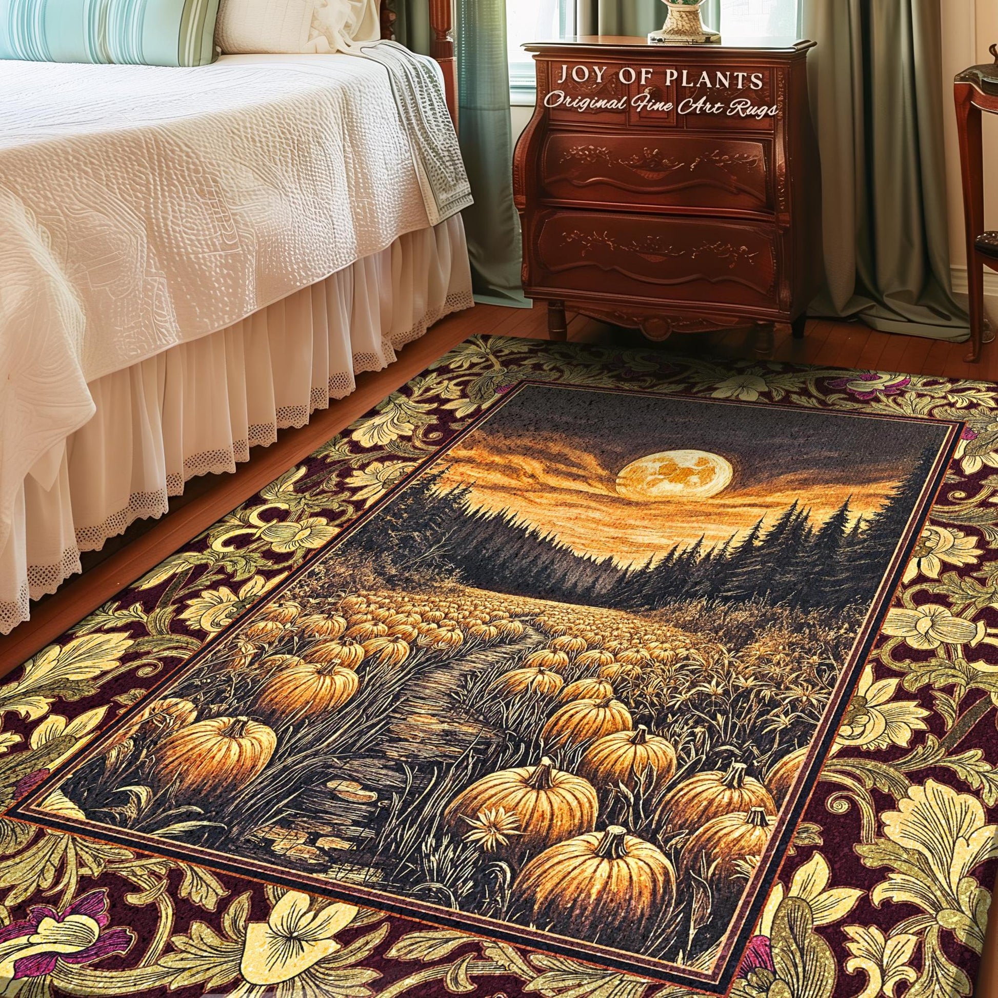 Autumn Night Sky Rustic Fall Rug | Cozy Spooky Pumpkin Vibes Midnight Landscape Decor Whimsigoth Aesthetics Dark Academia Accent Rug Witchy