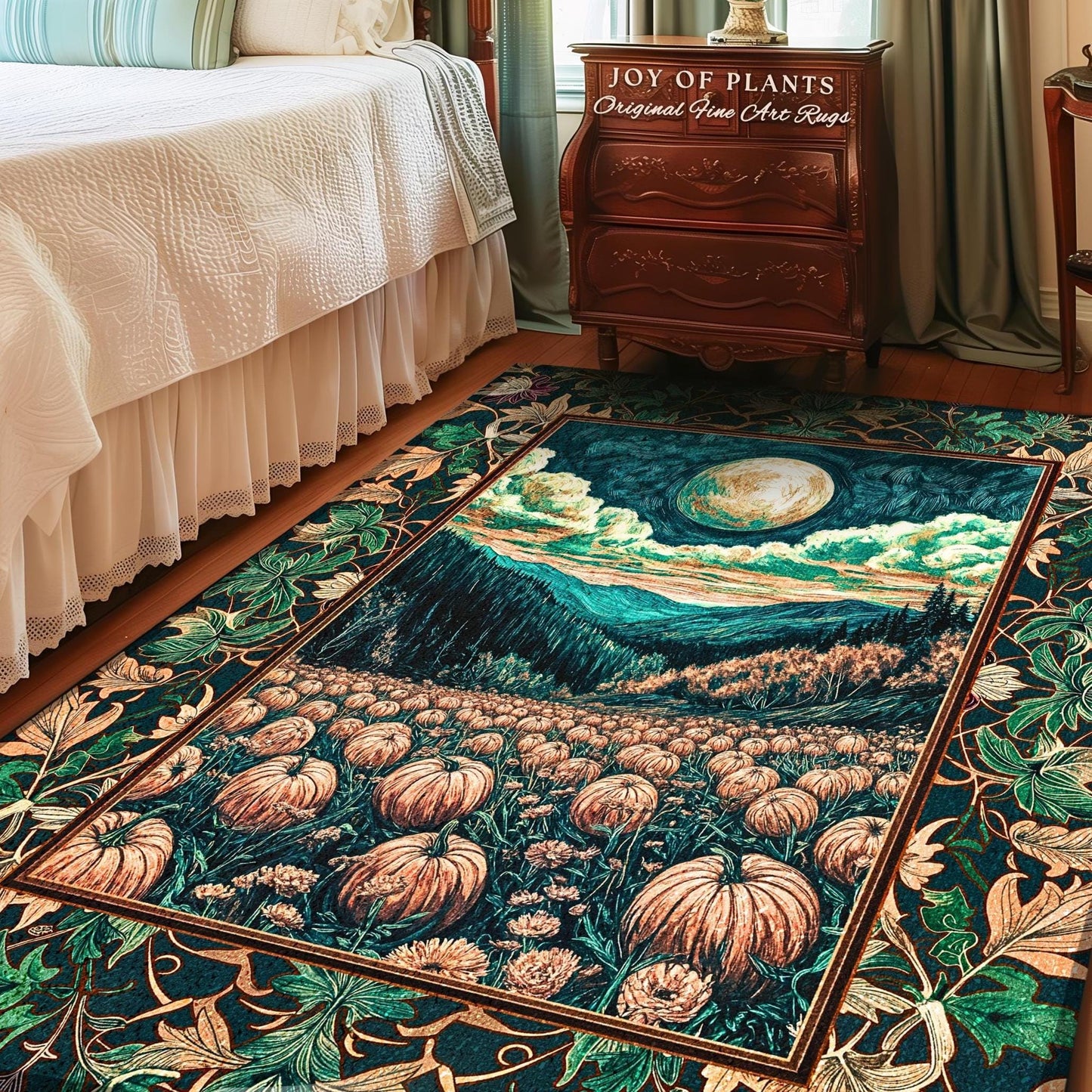 Elegant Harvest Moon Cozy Area Rug | Spooky Season Aesthetic Gothic Decor Whimsigoth Pumpkin Rustic Autumn Home Accent Witchy Landscape |