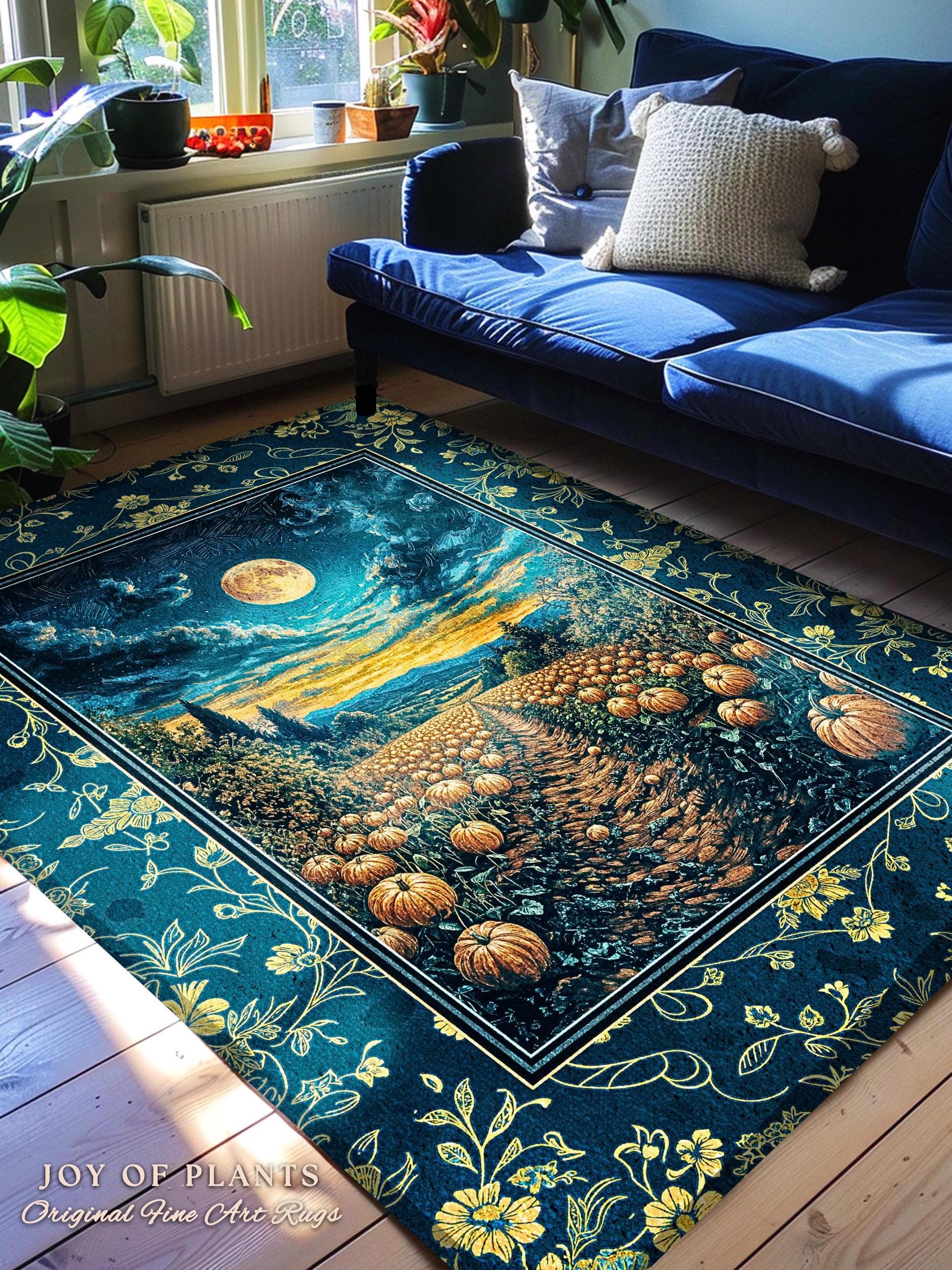 Dark Moody Harvest Moon Accent Rug | Whimsigoth Dark Academia Vibe Pumpkin Patch Spooky Season Rustic Bedroom Fall Decor Halloween Aesthetic
