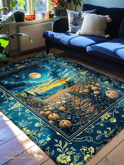 Dark Moody Harvest Moon Accent Rug | Whimsigoth Dark Academia Vibe Pumpkin Patch Spooky Season Rustic Bedroom Fall Decor Halloween Aesthetic