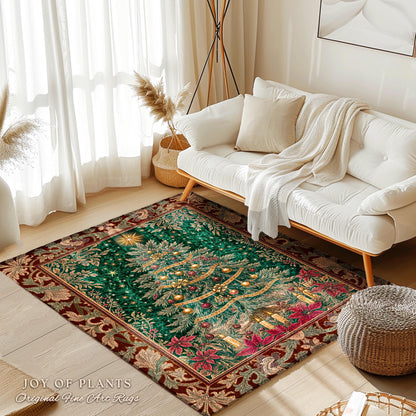 Regal Christmas Tree Poinsettia Rug | Vintage Xmas Home Decor Accent Cozy Winter Decor Festive Cottagecore Throw Rustic Holiday Traditional