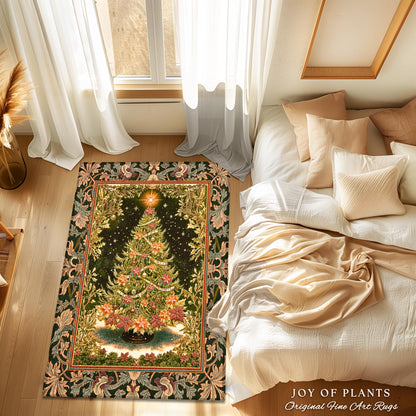 Golden Light Elegant Holiday Rug | Baroque Christmas Home Decor Floral Tree Festive Accent Ornate Decor Cozy Vintage Holiday Aesthetic Style