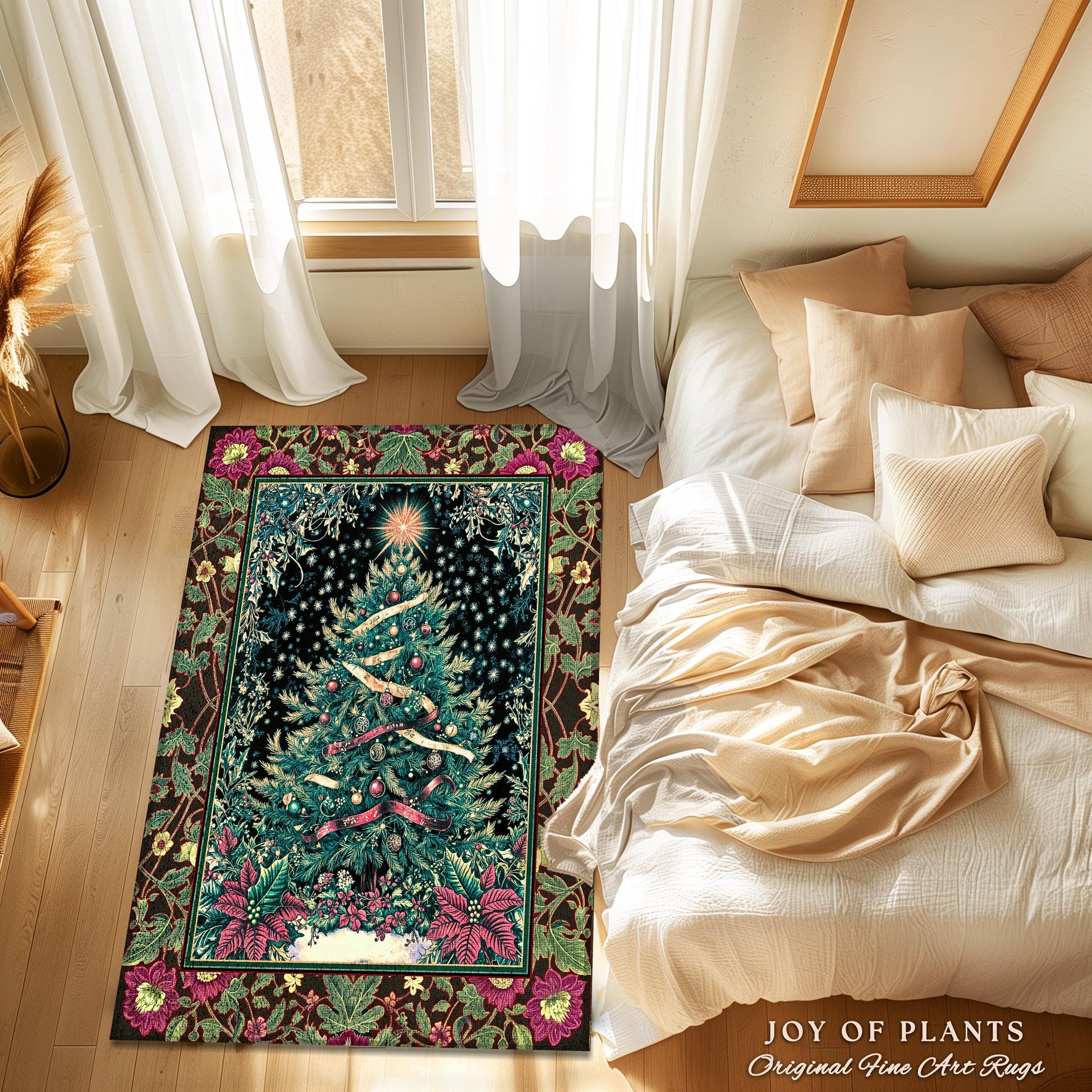 Nostalgic Christmas Tree Area Rug | Classic Aesthetic Holiday Accent Cozy Starry Night Rug Vintage Winter Decor Cottagecore Style Ornate |